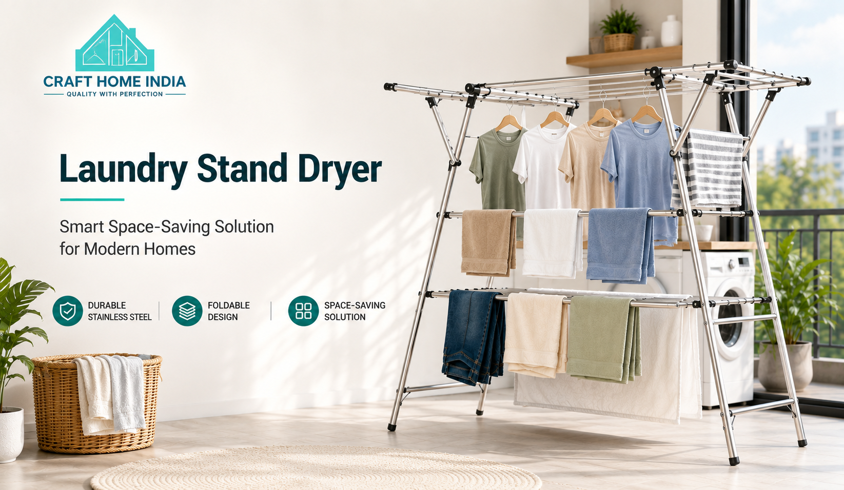 Premium stainless steel laundry stand dryer with foldable design for efficient indoor and balcony clothes drying in modern homes.