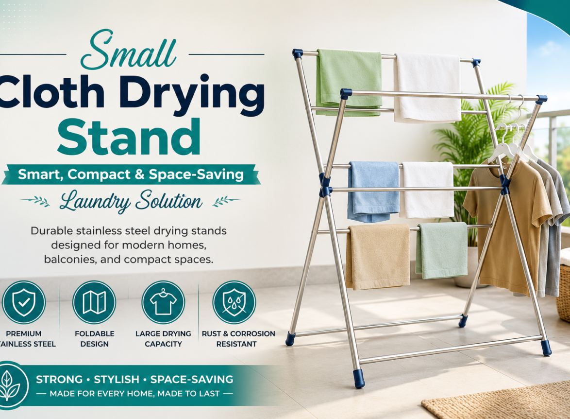 Small cloth drying stand made from durable stainless steel, featuring a foldable and space-saving design for balconies, apartments, and modern homes.