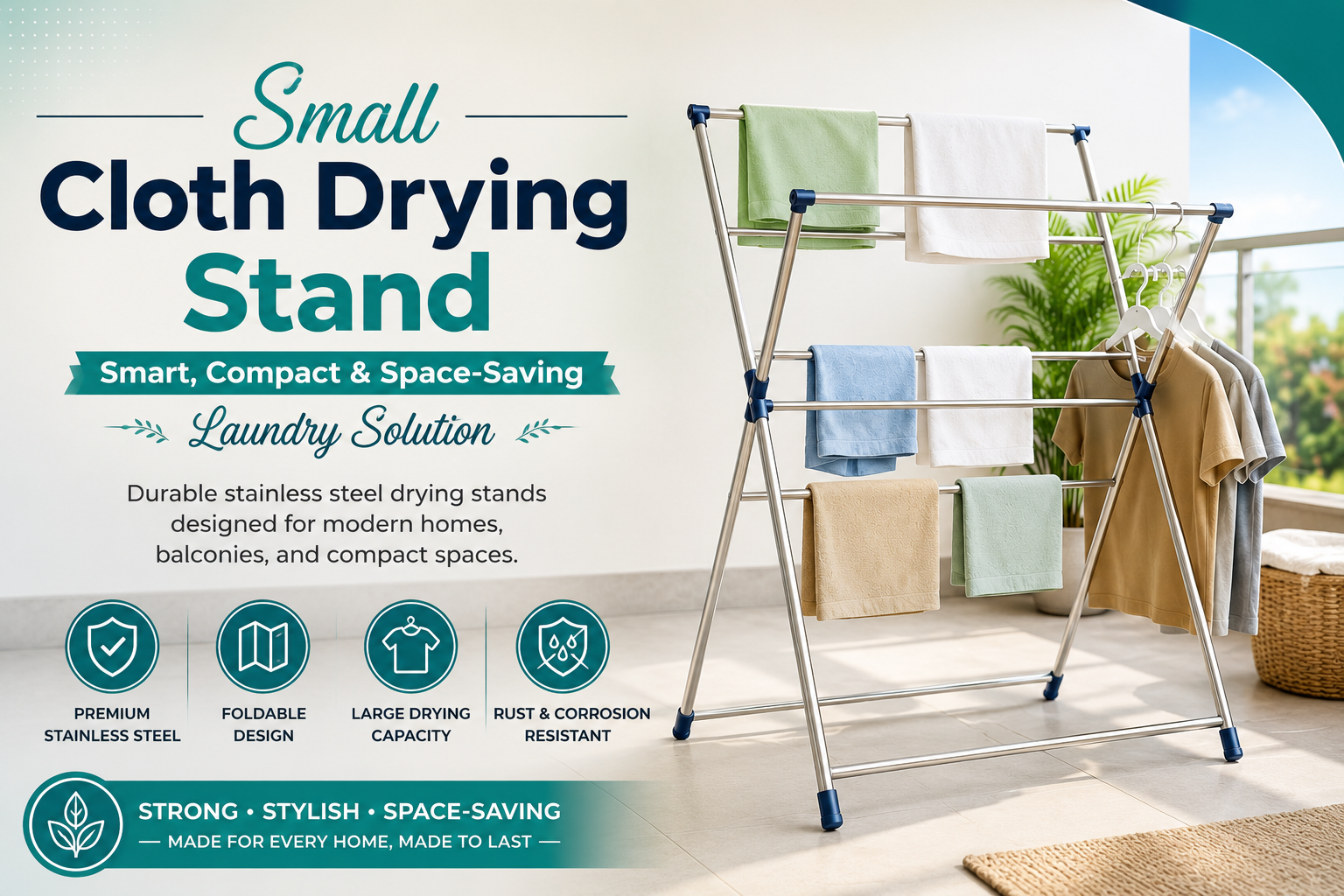 Small cloth drying stand made from durable stainless steel, featuring a foldable and space-saving design for balconies, apartments, and modern homes.
